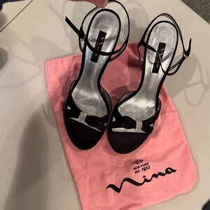 Nina Black Satin Heeled Sandals with Silver Accents